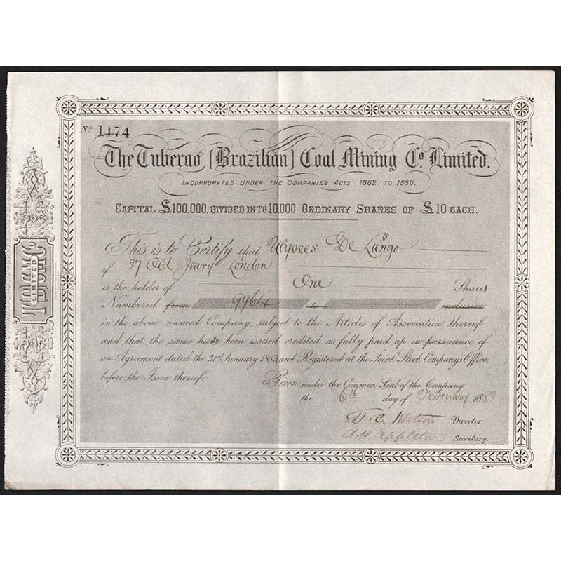 The Tuberao (Brazilian) Coal Mining Co. Limited Stock Certificate