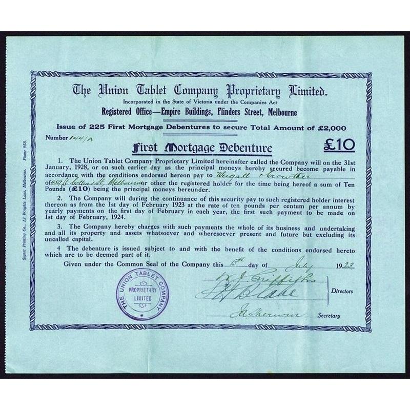 The Union Tablet Company Proprietary Limited Stock Certificate