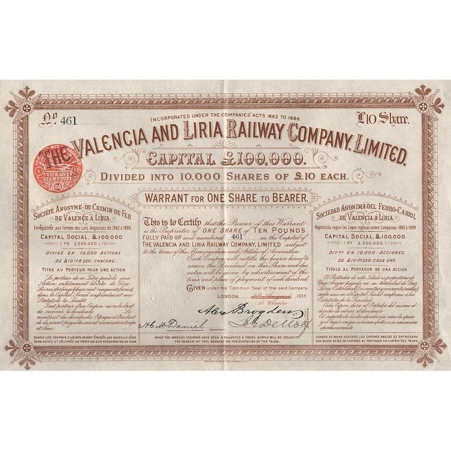 The Valencia and Liria Railway Company, Limited Stock Certificate