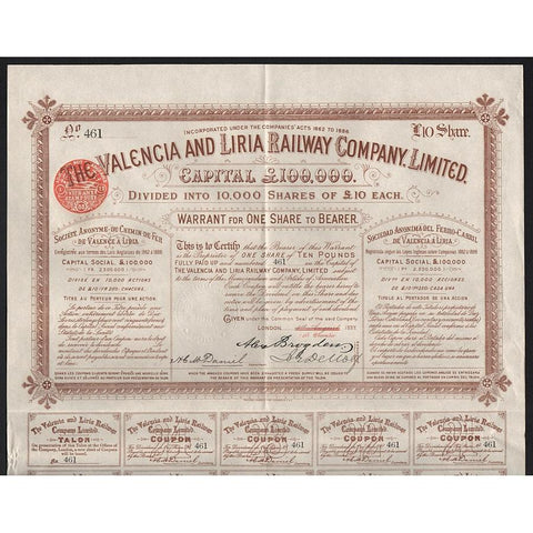 The Valencia and Liria Railway Company, Limited Stock Certificate