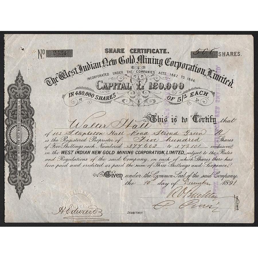 The West Indian New Gold Mining Corporation, Limited Stock Certificate