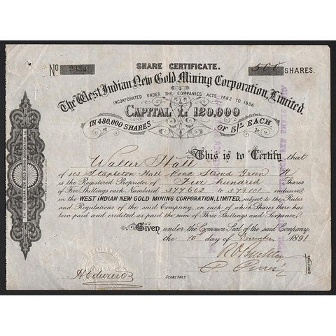 The West Indian New Gold Mining Corporation, Limited Stock Certificate