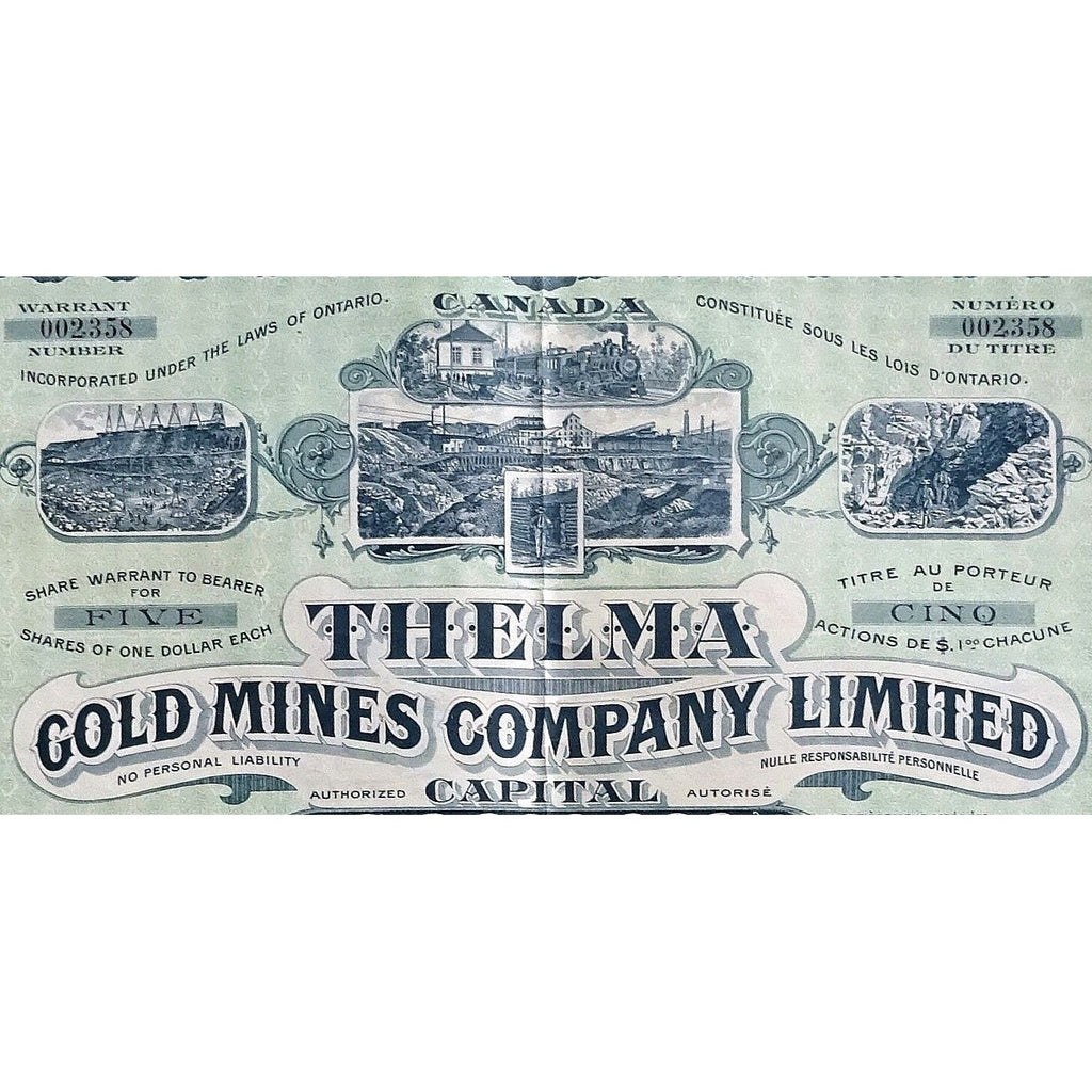 Thelma Gold Mines Company, Limited Stock Certificate
