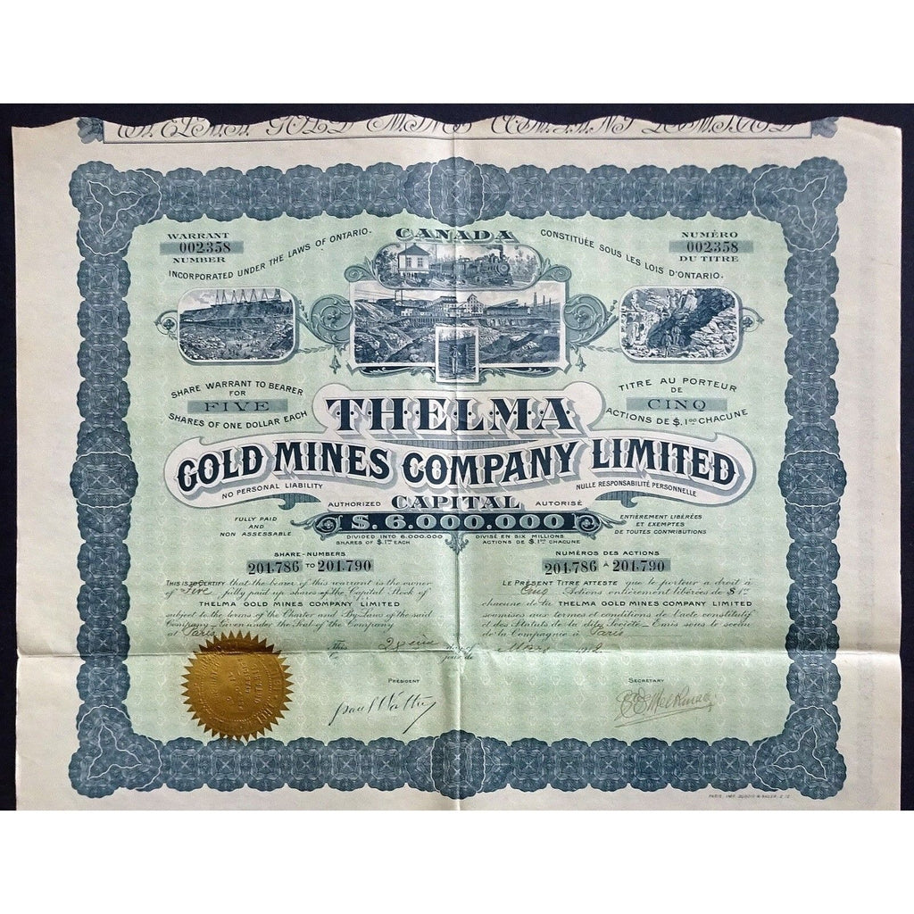Thelma Gold Mines Company, Limited Stock Certificate