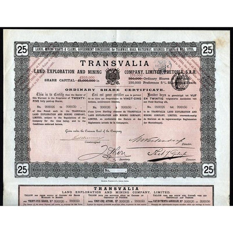 Transvalia Land Exploration & Mining Company Limited, Pretoria, S.A.R. Stock Certificate