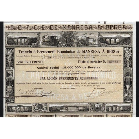 Tranvia o Ferrocarril Economico de Manresa a Berga Stock Certificate