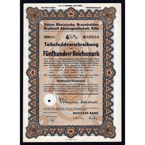 Union Rheinische Braunkohlen Kraftstoff Aktiengesellschaft, Köln Stock Certificate