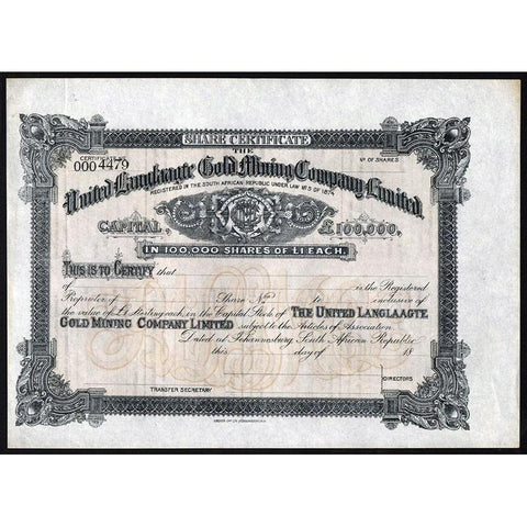 United Langlaagte Gold Mining Company Limited Stock Certificate