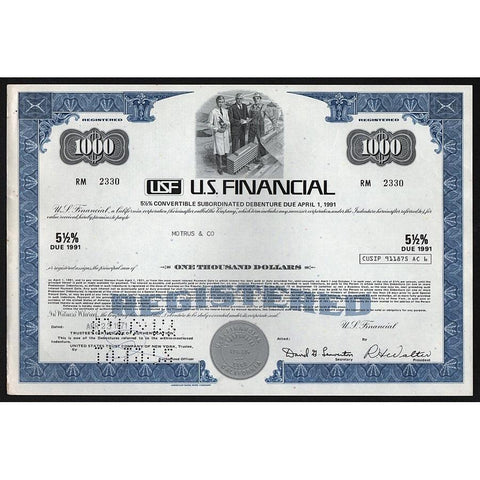 USF, U.S. Financial Stock Certificate