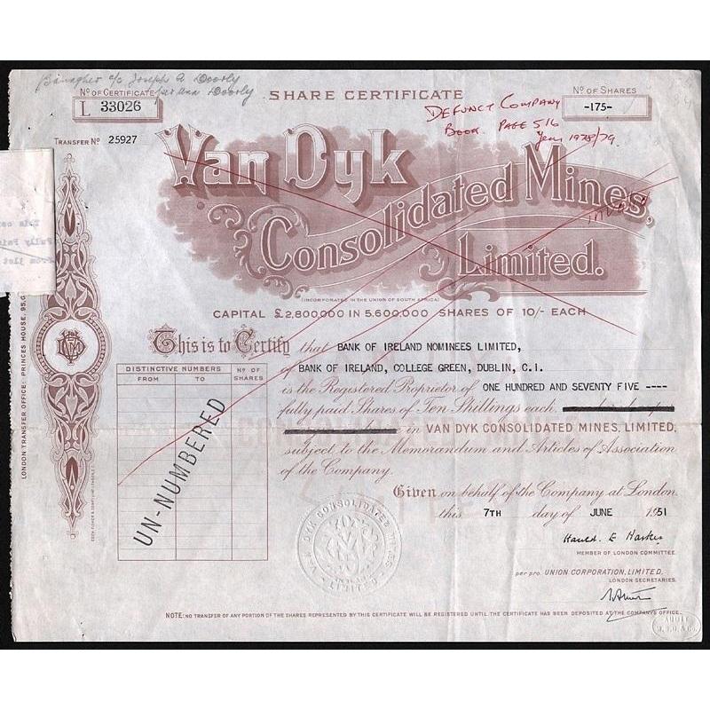 Van Dyk Consolidated Mines, Limited Stock Certificate