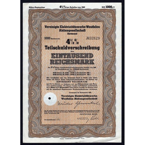 Vereinigte Elektrizitätswerke Westfalen Aktiengesellschaft Dortmund Stock Certificate