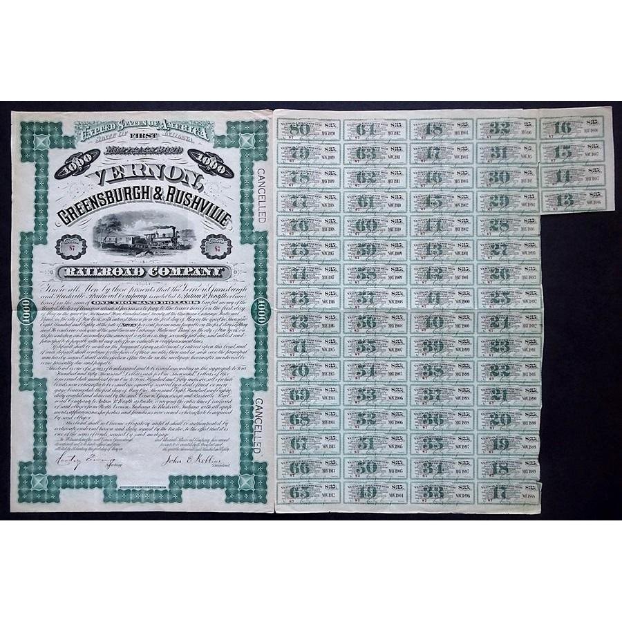Vernon, Greensburgh & Rushville Railroad Company Stock Certificate