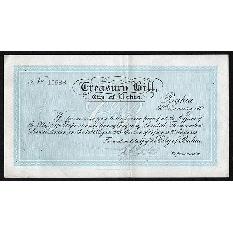 Ville de Bahia (Etats-Unis du Bresil) - Gold Bond with Treasury Bill Stock Certificate
