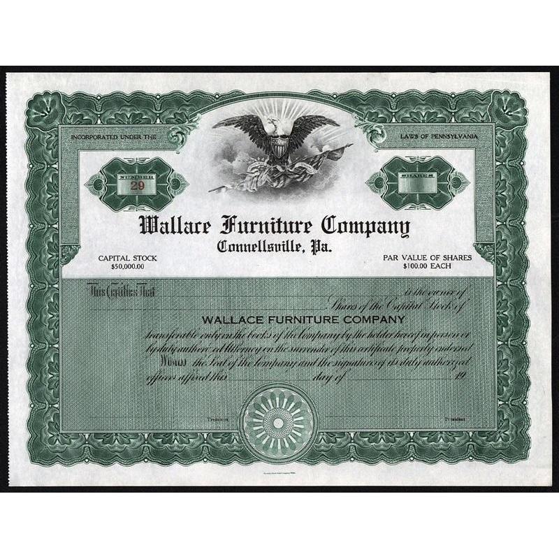Wallace Furniture Company, Connellsville, Pa. Stock Certificate
