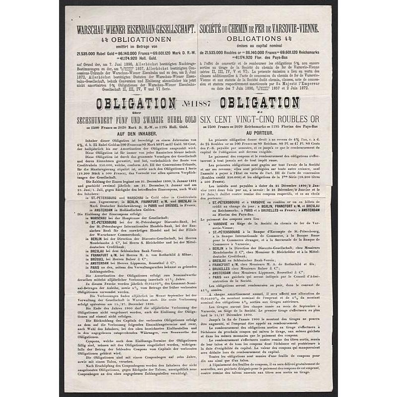 Warsaw-Vienna Railroad Company, 625 Gold Roubles Stock Certificate