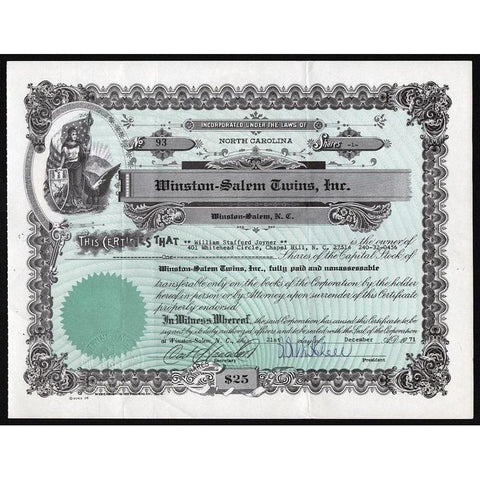 Winston-Salem Twins Inc. North Carolina Baseball Stock Certificate