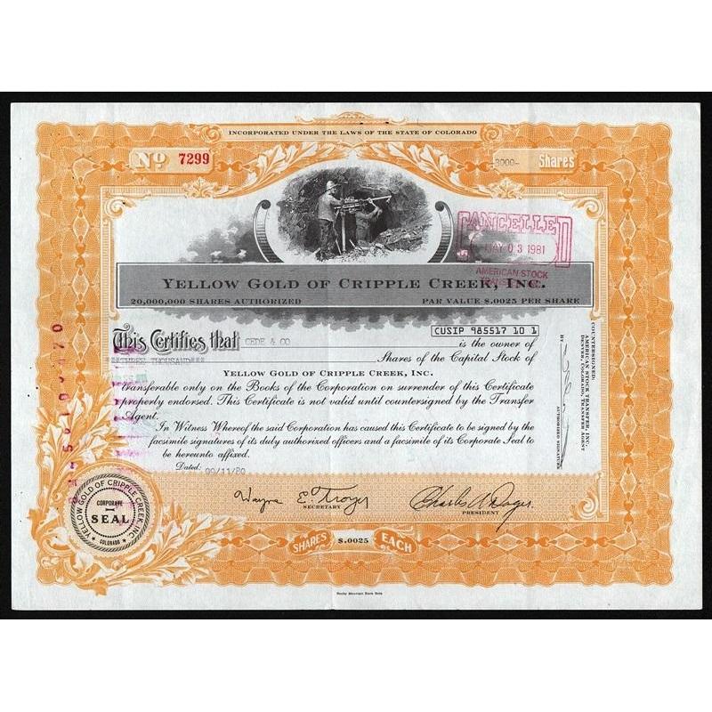 Yellow Gold of Cripple Creek, Inc. Stock Certificate