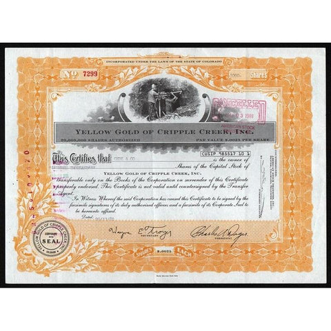 Yellow Gold of Cripple Creek, Inc. Stock Certificate