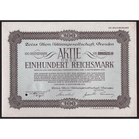 Zeiss Ikon Aktiengesellschaft, Dresden Stock Certificate