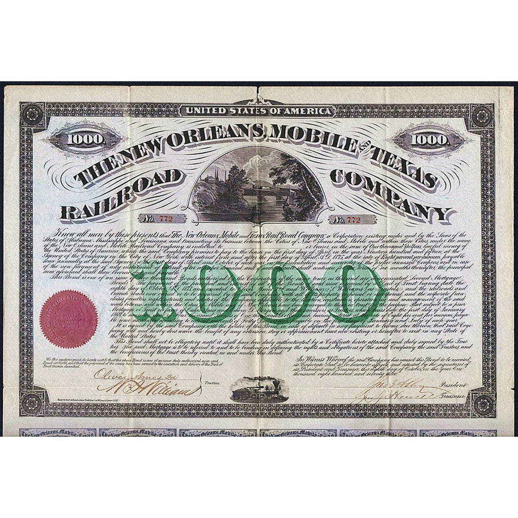 The New Orleans, Mobile and Texas Railroad Company 1873 Bond Certificate - Oliver Ames Jr. Signature