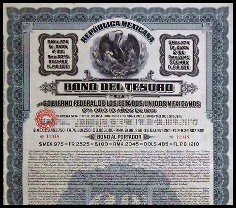 Mexico Republica Mexicana Bono del Tesoro 1913 Gold Bond Certificate
