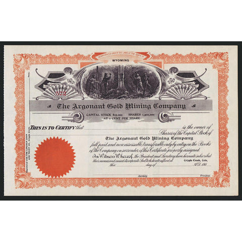 The Argonaut Gold Mining Company Wyoming Stock Certificate