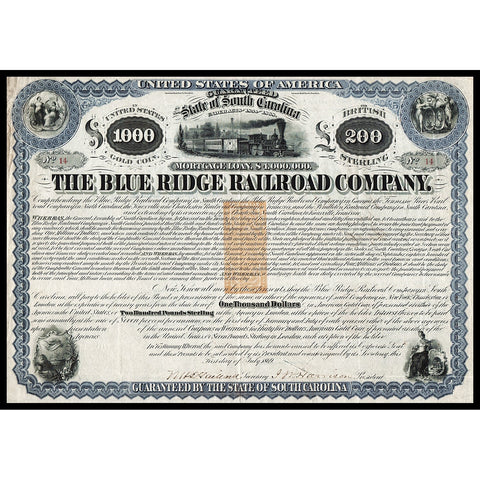 The Blue Ridge Railroad Company 1869 South Carolina Bond Certificate