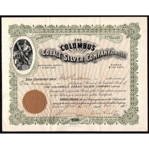 The Columbus Cobalt Silver Company, 1908 Toronto Stock Certificate