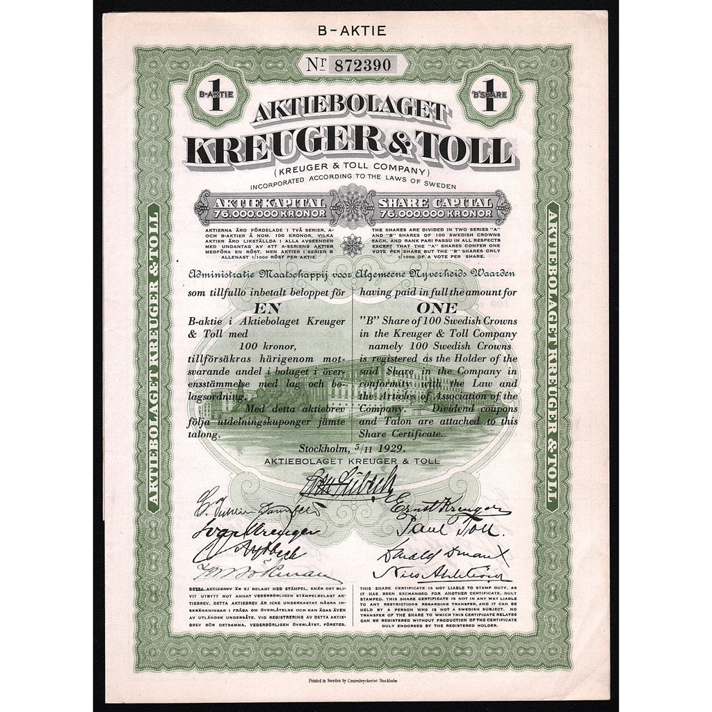 Aktiebolaget Kreuger & Toll 1929 Sweden Stock Certificate