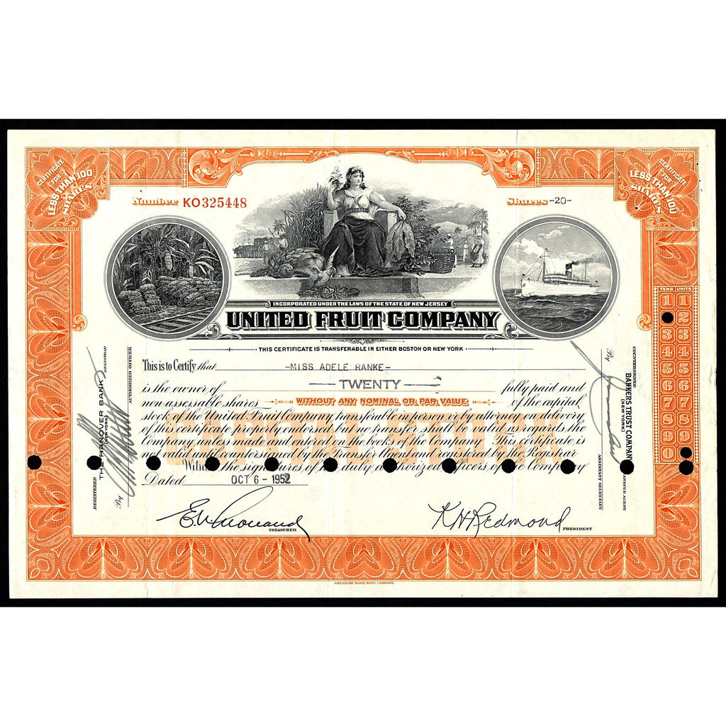 United Fruit Company (Chiquita Bananas) 1952 Stock Certificate