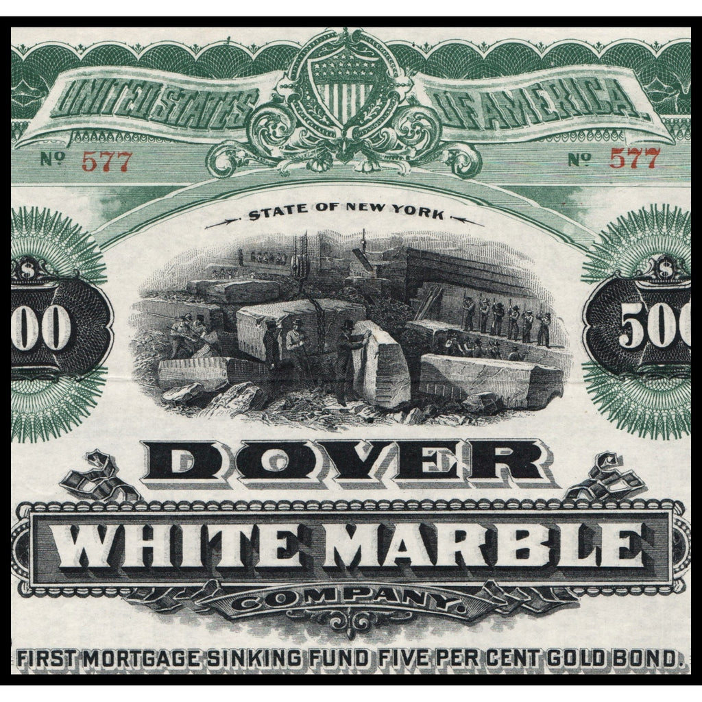 Dover White Marble Company 1908 New York Gold Bond Certificate