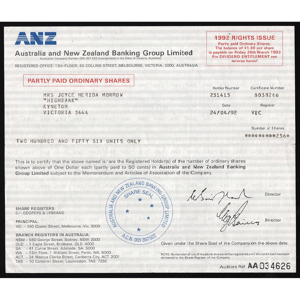 ANZ, Australia and New Zealand Banking Group Limited Share Certificate