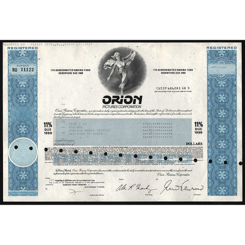 Orion Pictures Corporation (Movie Studio) Debenture Bond Certificate