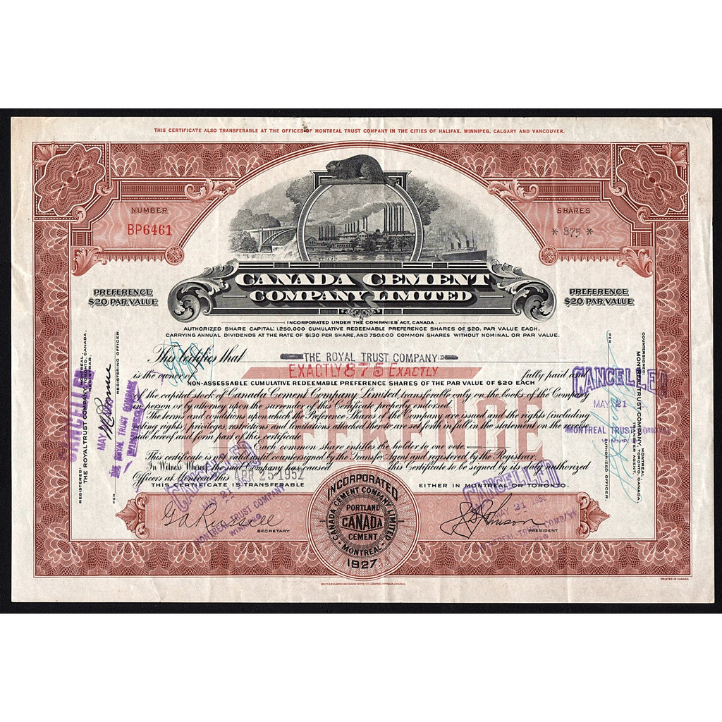 Canada Cement Company 1952 Stock Certificate