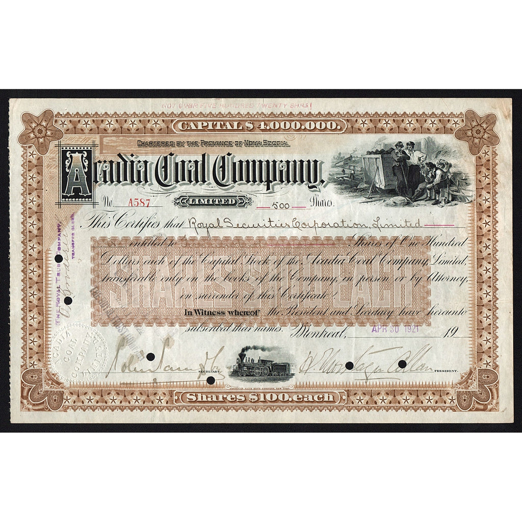 Acadia Coal Company 1921 Stock Certificate