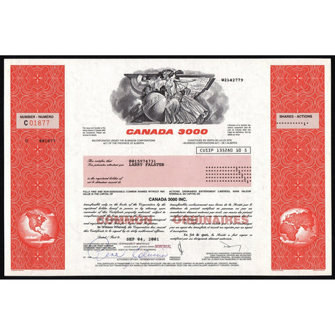 Canada 3000 (Discount Airline) Stock Certificate