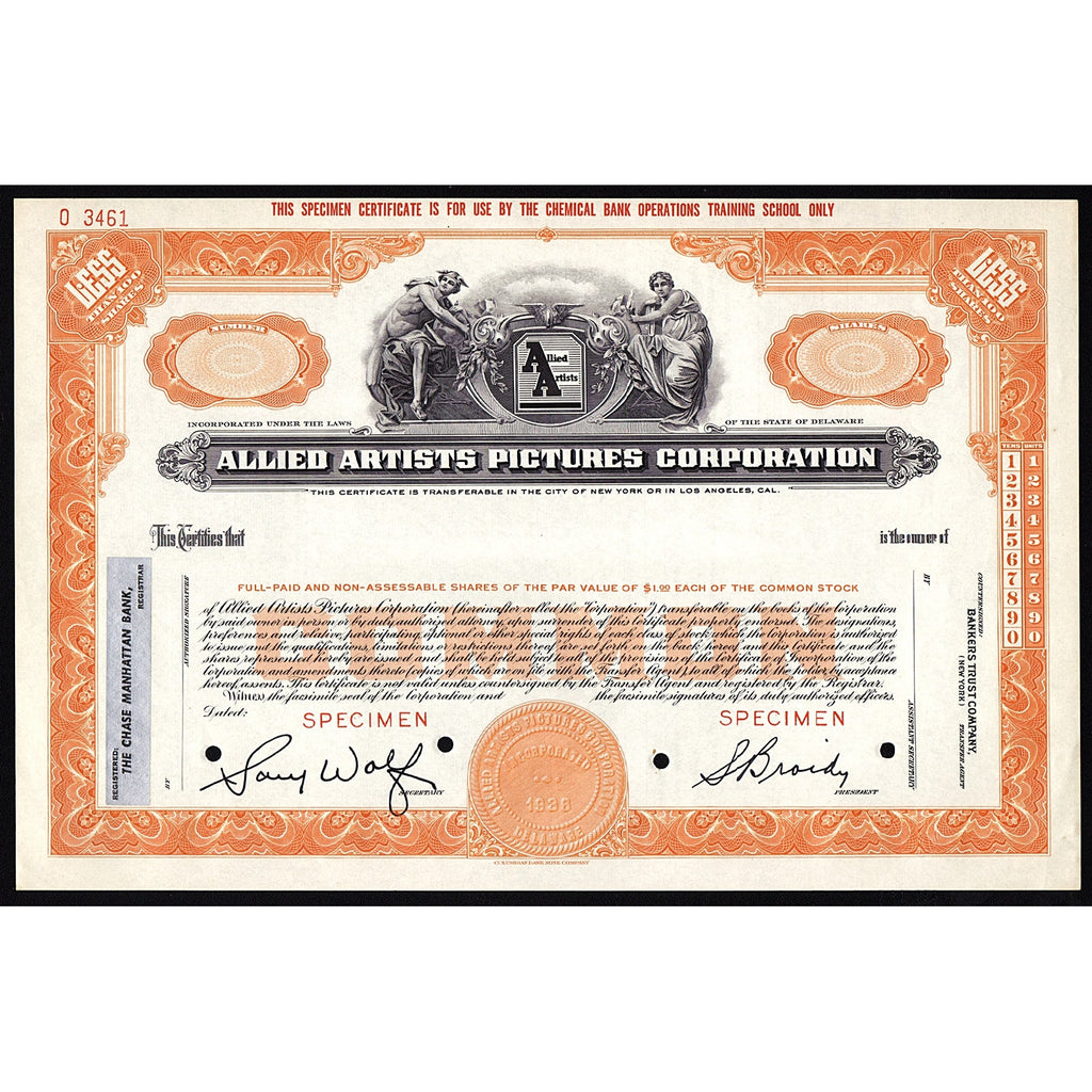 Allied Artists Pictures Corporation Stock Certificate