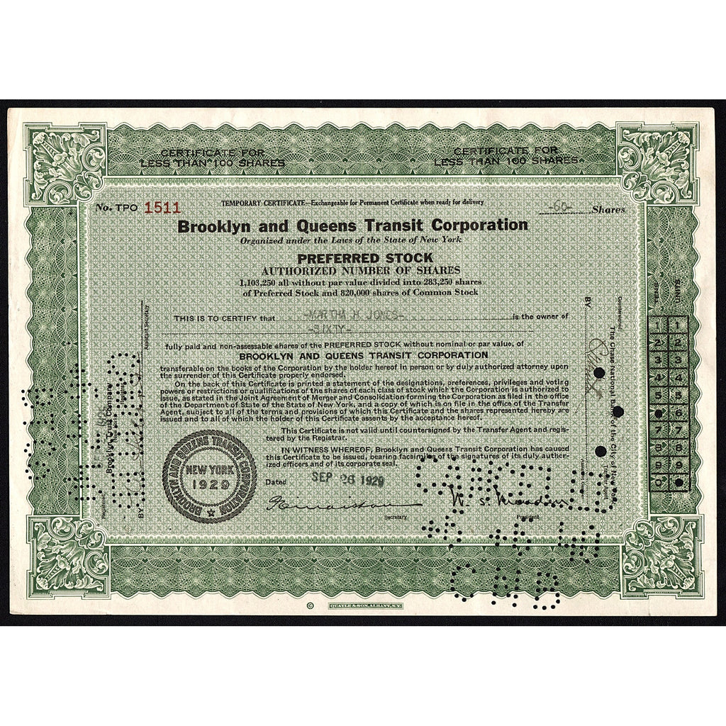 Brooklyn and Queens Transit Corporation 1929 New York Stock Certificate