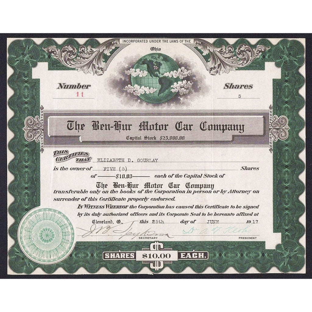 The Ben-Hur Motor Car Company 1917 Ohio Stock Certificate