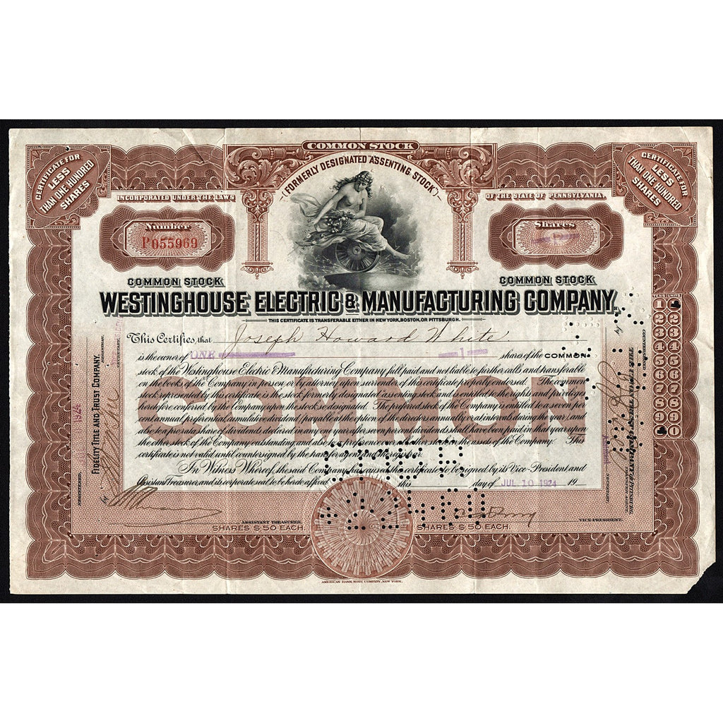 Westinghouse Electric & Manufacturing 1924 New York Stock Certificate