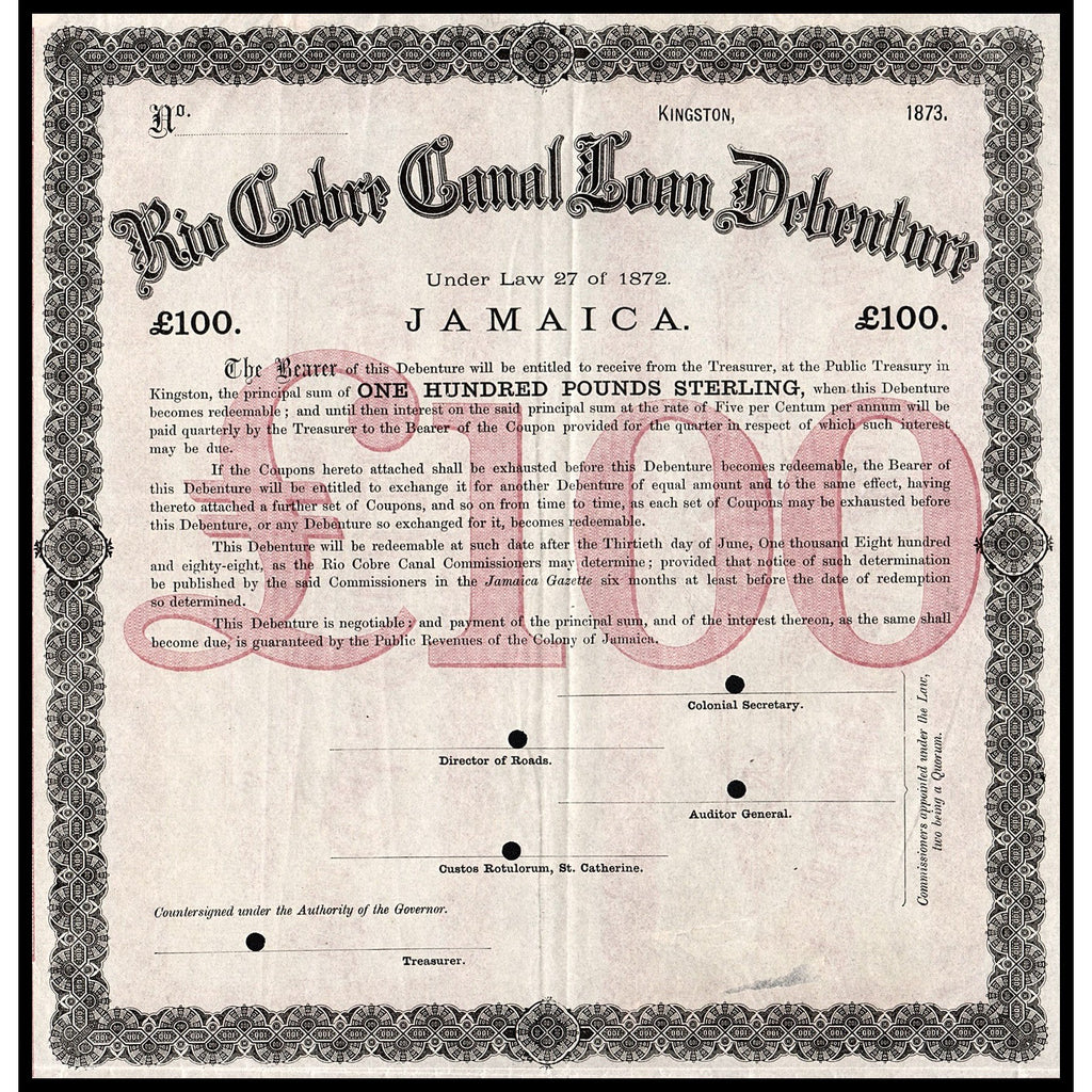 Rio Cobre Canal Loan Debenture (Kingston, Jamaica) Bond Certificate