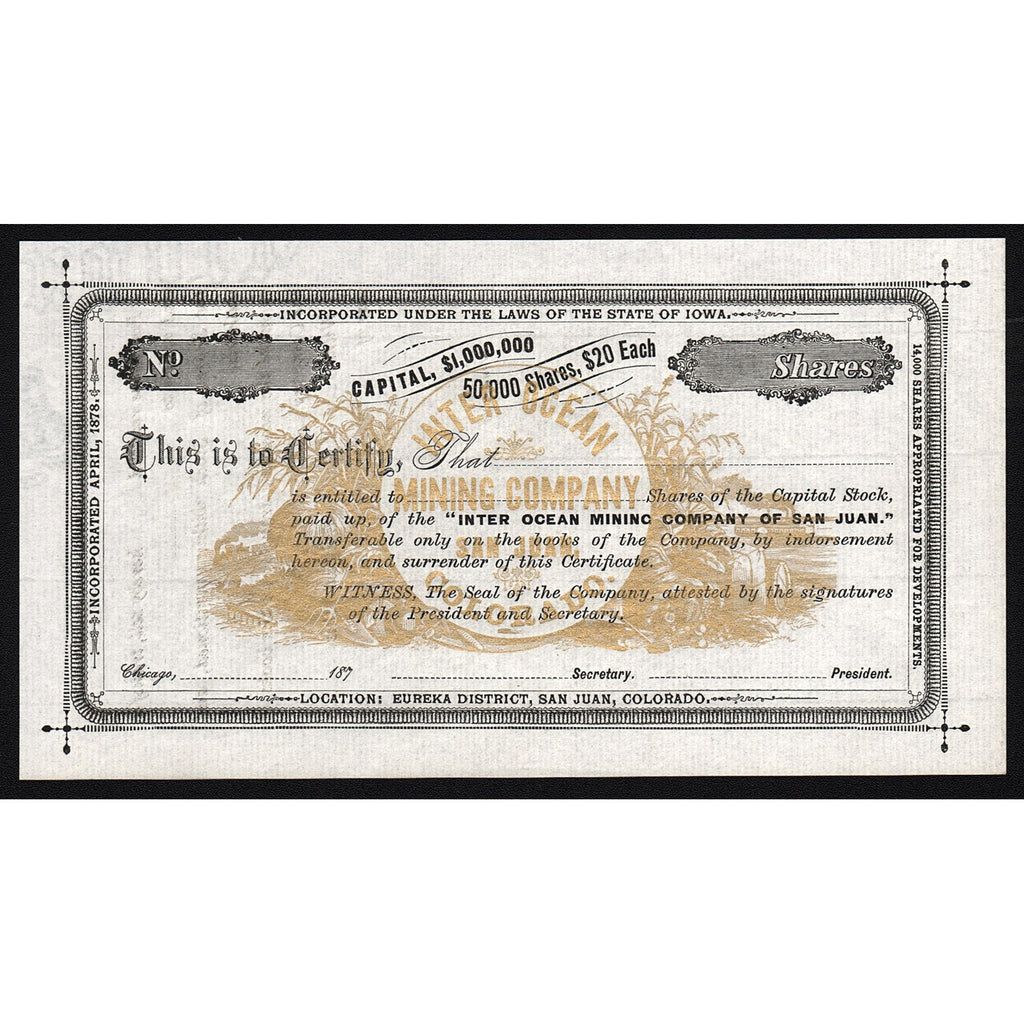 Inter Ocean Mining Company of San Juan, Colorado Stock Certificate