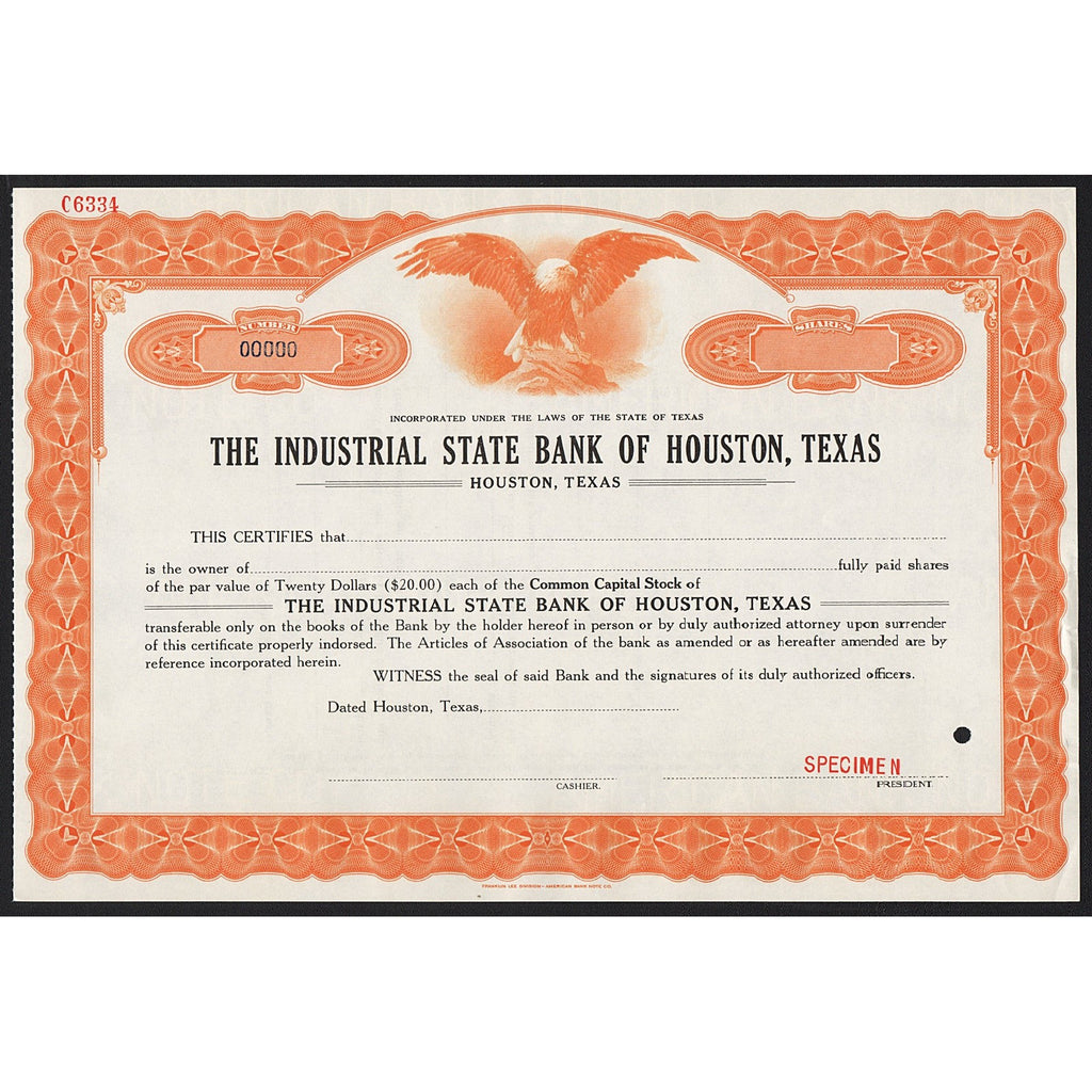 The Industrial State Bank of Houston, Texas (Specimen) Stock Certificate