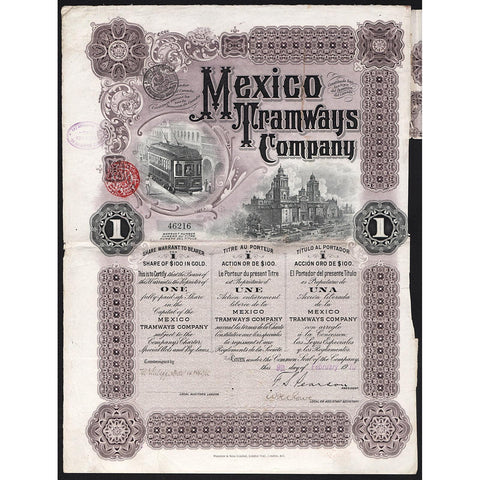 Mexico Tramways Company 1910 Stock Certificate
