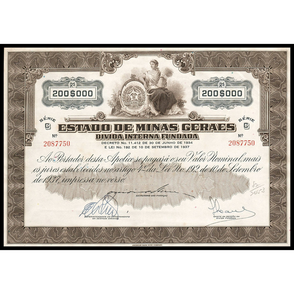 Estado de Minas Geraes 1937 Brazil Government Bond Certificate