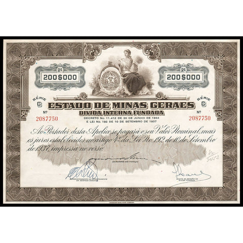 Estado de Minas Geraes 1937 Brazil Government Bond Certificate