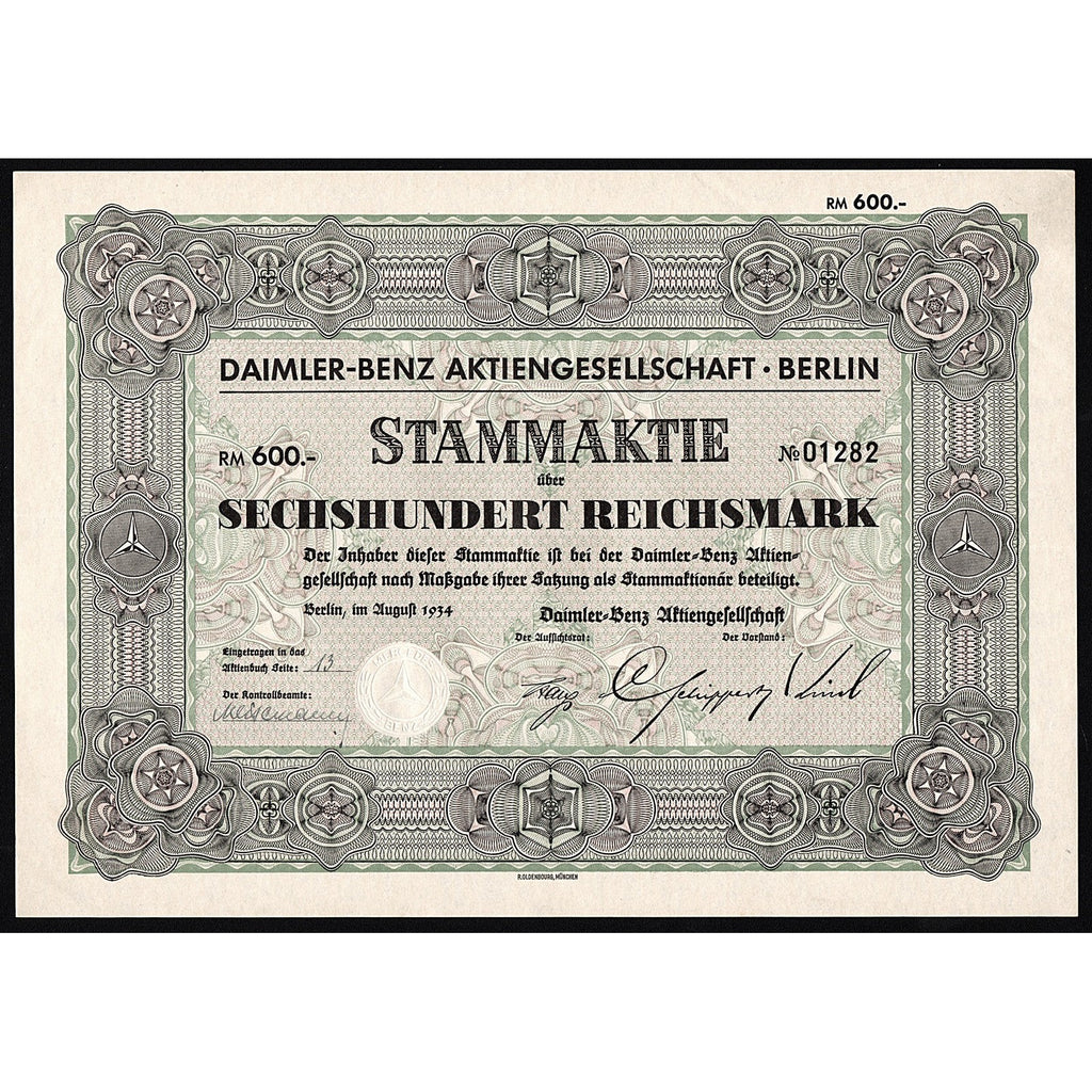 Daimler-Benz Aktiengesellschaft Berlin Mercedes 1934 Stock Certificate