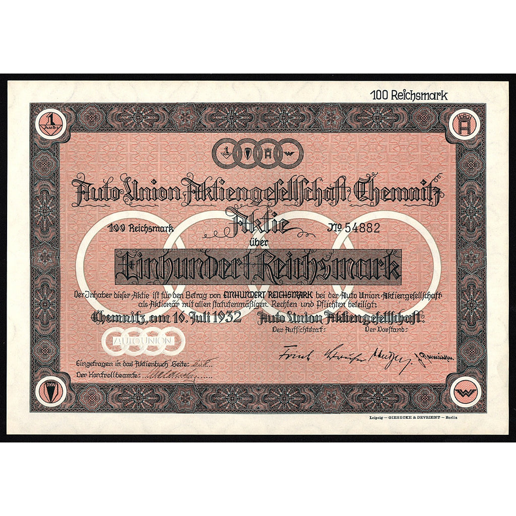 AUDI - Auto Union Aktiengesellschaft Chemnitz 1932 Stcok Certificate