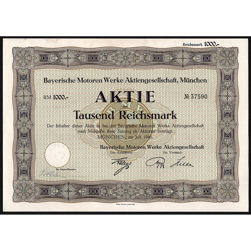 BMW - Bayerische Motoren Werke 1941 Germany Stock Certificate (uncancelled)