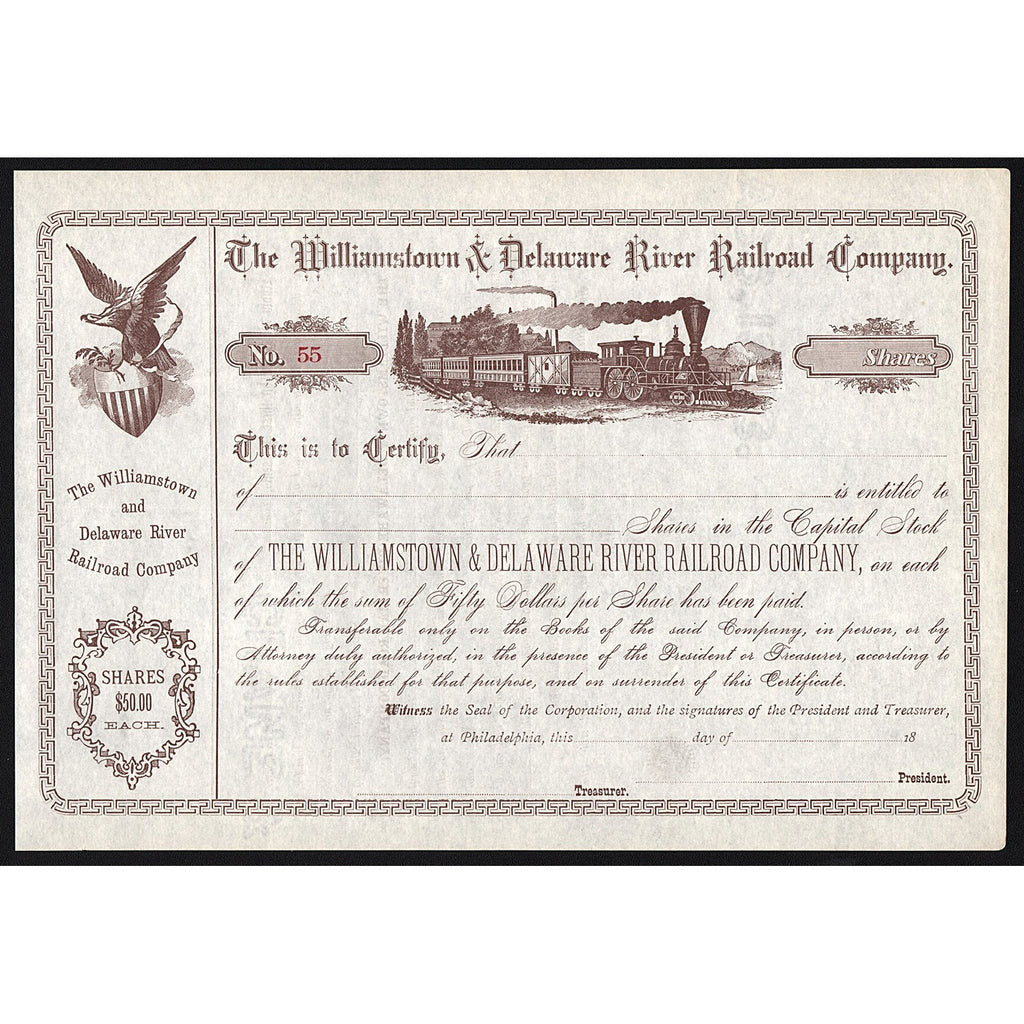 The Williamstown and Delaware River Railroad Company Stock Certificate